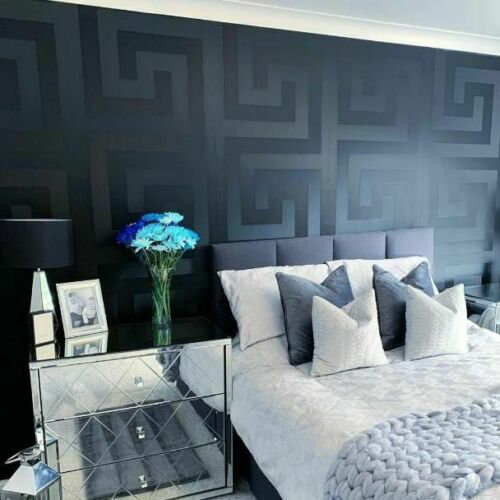Versace Greek Key Silver Gray Vinyl Wallpaper, Black/Satin, 33' L x 27" W