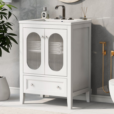 24"" Bathroom Vanity With Sink, Bathroom Vanity Cabinet With One Drawer And Doors, Adjustable Shelf, Solid Wood And MDF, White -  Ebern Designs, F04672D34B7D40CE8DC5A6C6E6CF316B