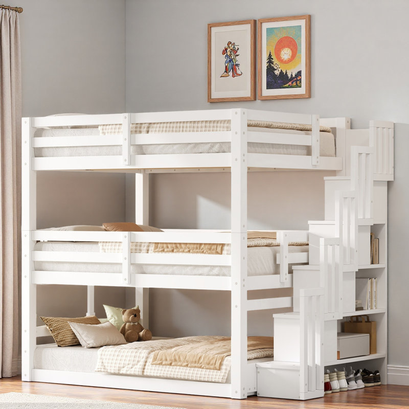 Triple Bunk Bed With Storage Staircase, White
