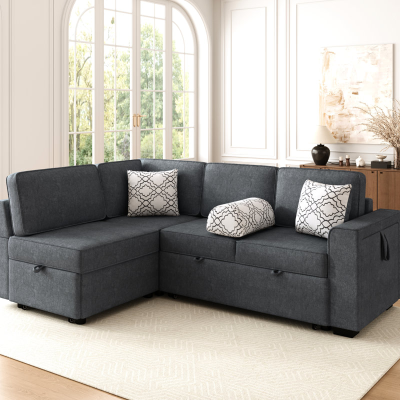 83.9" L-Shaped Multifunctional Bed With Two , Flip-Top Table, Armrest Storage & Cozy Square Throw Pillows Dark Gray Convertible Sectional Dual Pull-Out Beds, Table Smart