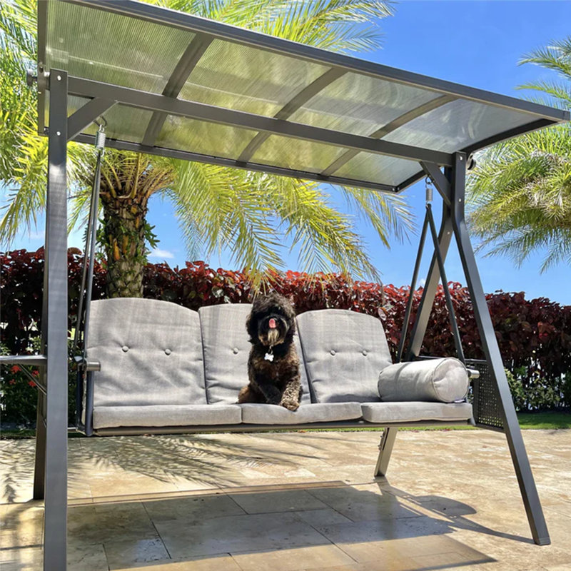 3-seat Large Porch Swing with Stand with Adjustable PVC Canopy and Cushions and Pillow Included, Black Frame/Gray Cushion