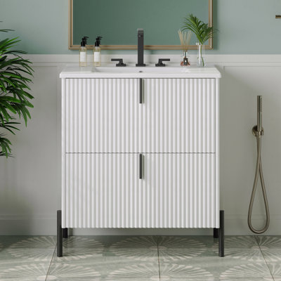 30" Bathroom Vanity With Ceramic Sink, Equipped With Vertical Pulls And Full-Extension Drawers, Freestanding Bathroom Vanity With Soft Close Drawer Slides