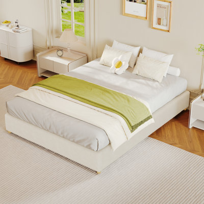 Minimalist Cloud Bed Frame Queen Size - Soft Boucle Upholstery, Low Platform, Solidified Wood Legs, No Headboard, No Box Spring Needed, Quiet & Easy Assembly, Cream Stuffed Fleece, QUEEN Size