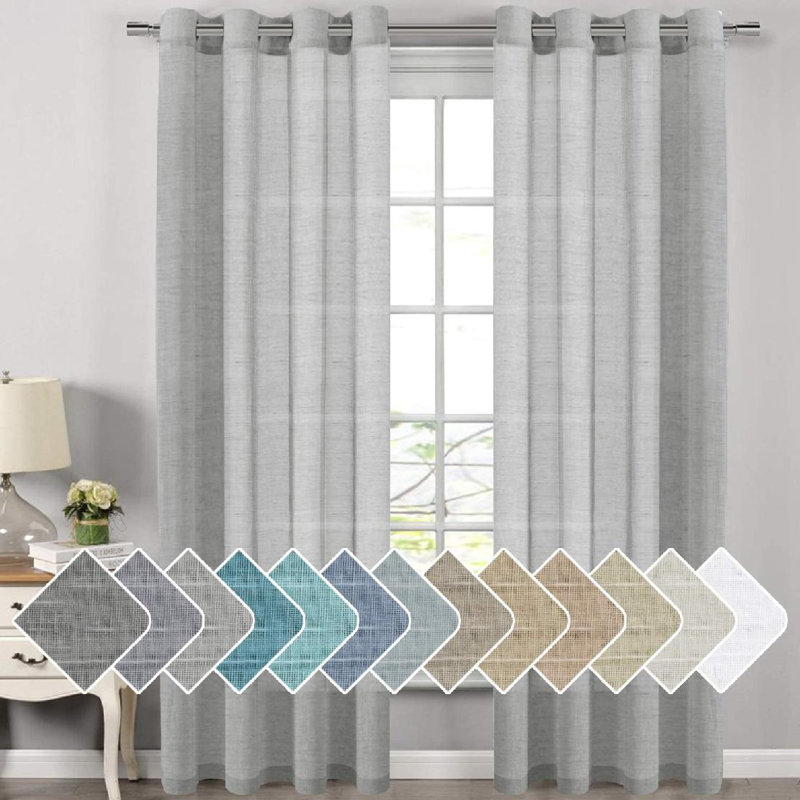 Hywell Soft Linen Plaid Semi-Sheer Grommet Curtain Panels, 52'' W x 72'' L, Light Gray