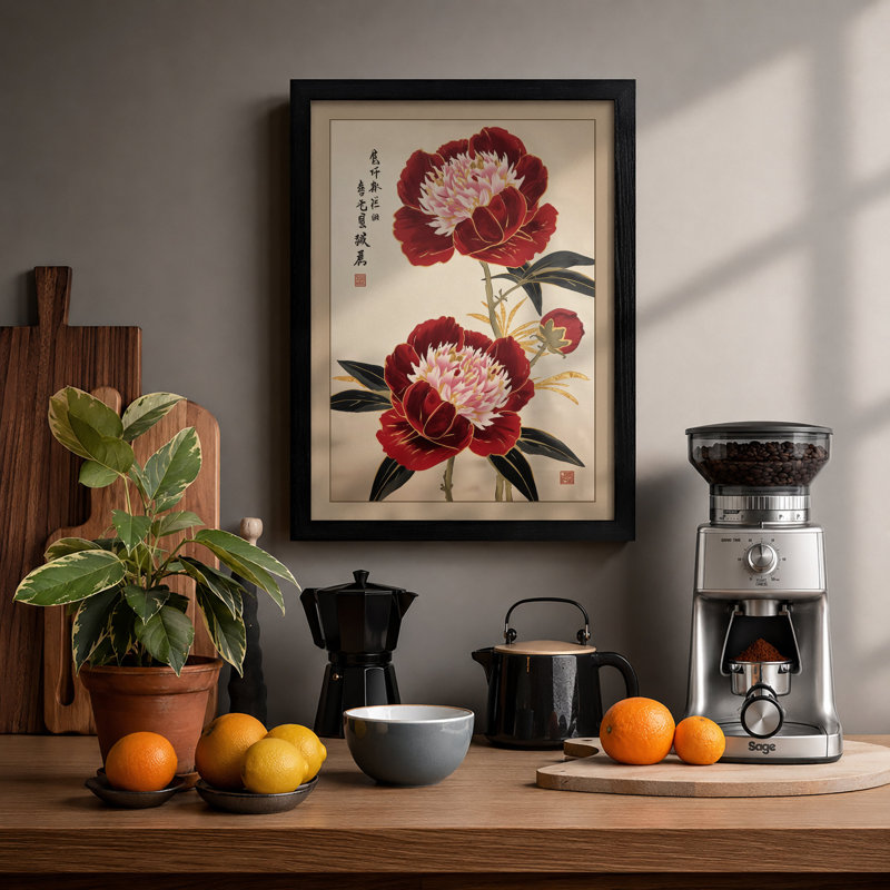 Peonies in Bloom Japandi - Framed Print, Black, A4 - 29.7 x 21.0 cm