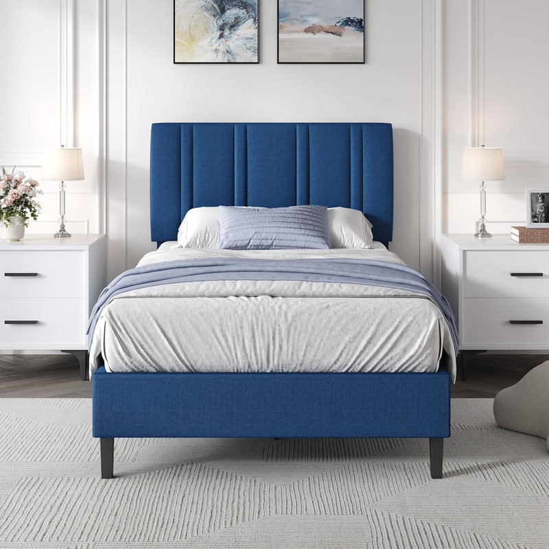 Tufted Headboard, Upholstered Platform Beds with Wooden Slats Support, Fabric Bed Frame, Blue, Twin