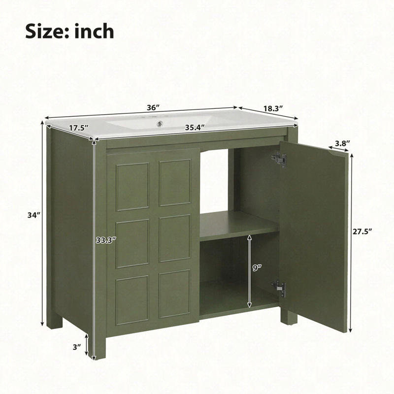 Ensemble de meuble-lavabo 36 po avec lavabo en céramique et armoire de rangement - Organisateur peu encombrant, Vert olive