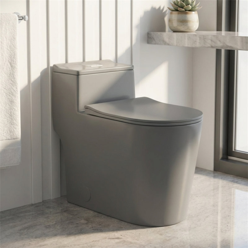 Toilette allongée une pièce avec double chasse à bouton, 1,28 GPF en moyenne, hauteur confort de 17,25 po ADA, conception brute à jupe de 12 po, siège à fermeture rapide