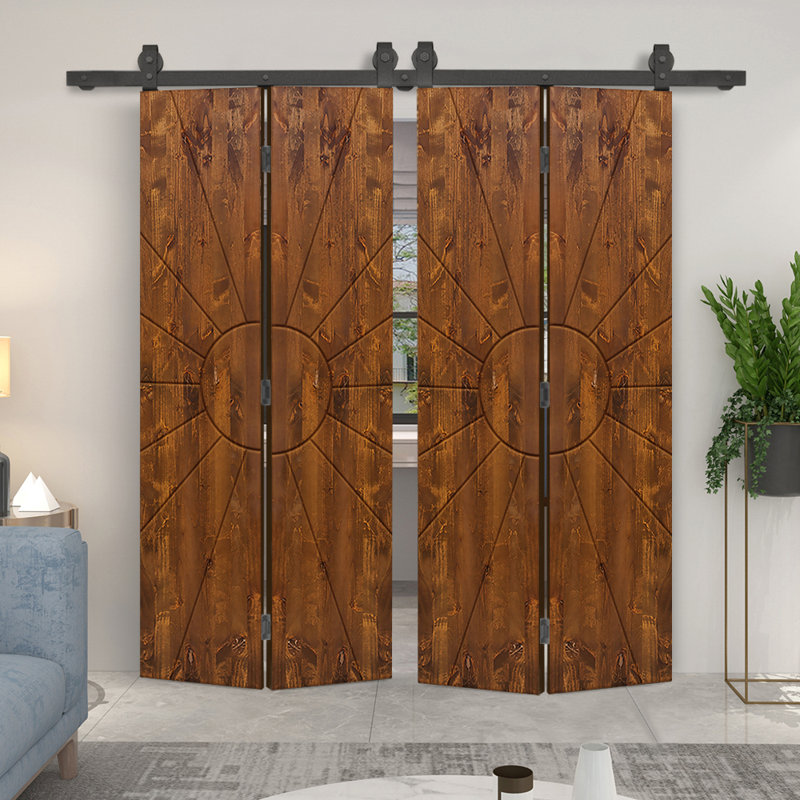 Porte de grange double pliante en bois de pin teinté avec quincaillerie coulissante, Noyer, 40 po x 80 po