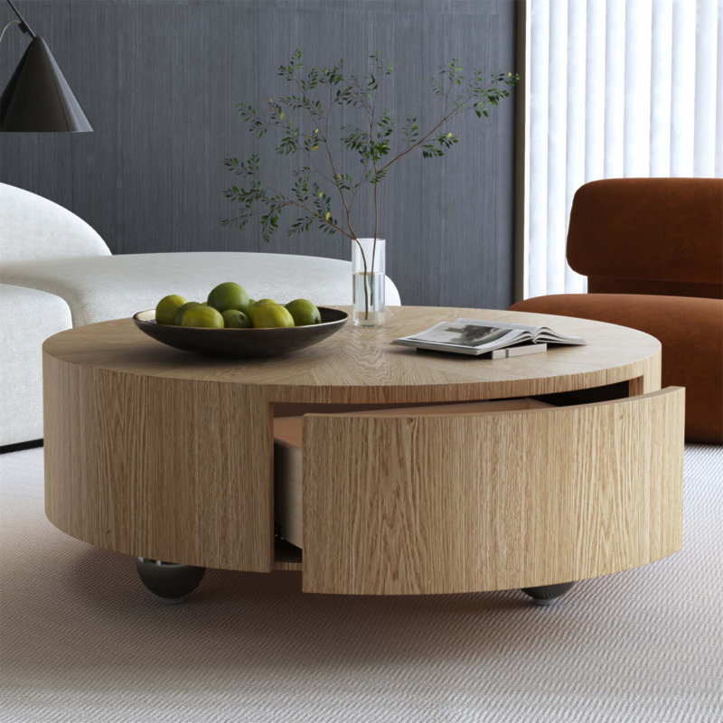 Table basse ronde en bois avec placage de frêne, 2 tiroirs pour petits espaces de vie, design scandinave