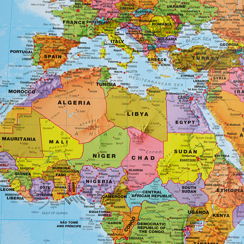 Large World Wall Map Political - Art Print on Paper, 86.1cm H x 120.9cm W x 5cm D, Silver Framed