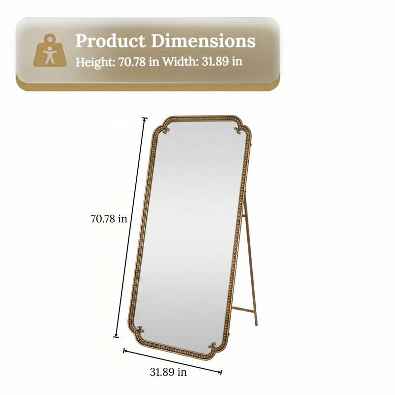 Full-Length Mirror with Stand, 70.1"x31.9" Large Floor-Standing Dressing Table Mirror, Features an Ornate, Gilded Vintage Frame. Suitable for Wall-Mounting or Leaning Against a Wall.