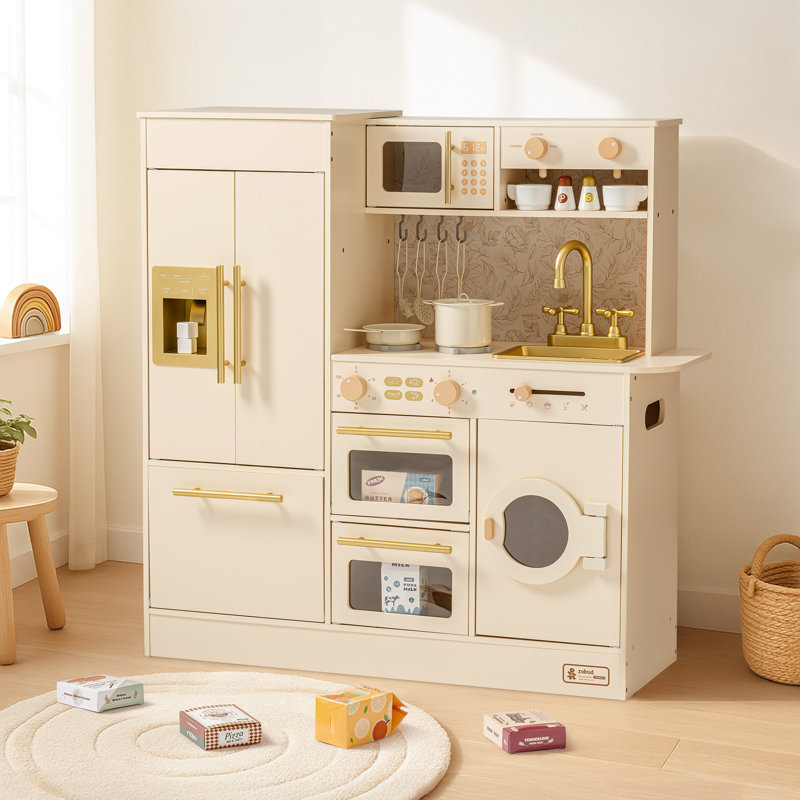 Grand ensemble de cuisine préscolaire, grande cuisine de jeu en bois avec four, réfrigérateur, machine à laver, machine à café et micro-ondes