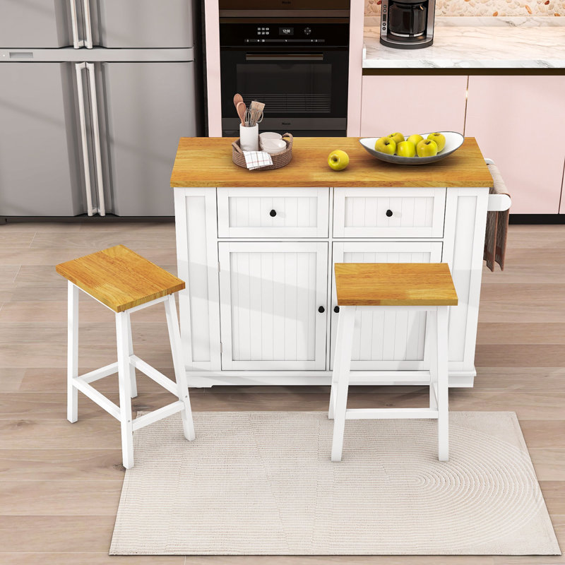 Farmhouse 3-Piece Kitchen Island Set with Drop Leaf, Spacious Storage and Built-in Charging Station, White