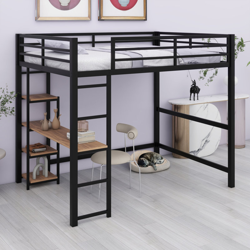Lit mezzanine en métal avec bureau intégré et tablettes de rangement