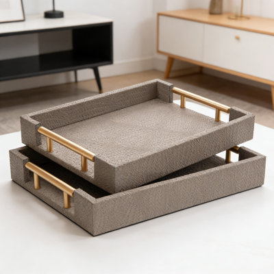 2-Piece Woven Leather Ottoman Tray Set With Gold Handles, Rectangular Serving Tray For Coffee Table And Living Room Decor, Thoughtful Home Gift