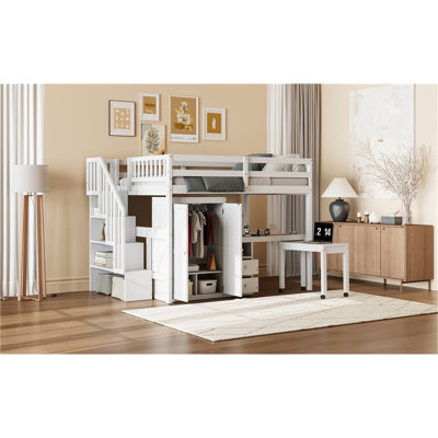 Lit mezzanine avec escalier, bibliothèque, tiroirs, bureau et garde-robe - Mobilier multifonctionnel peu encombrant pour enfants et adolescents