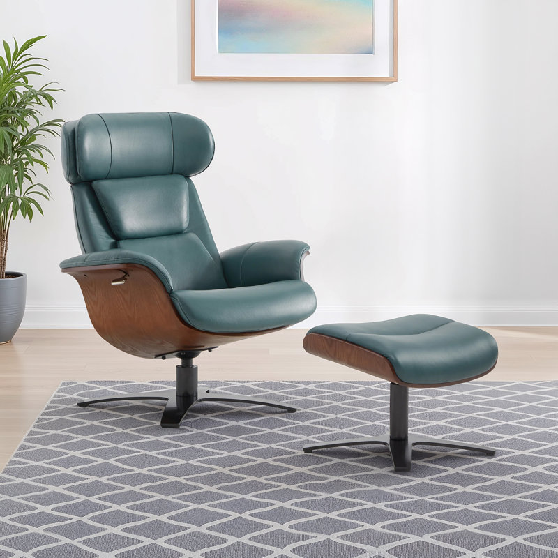 Fauteuil inclinable pivotant en cuir avec repose-pieds Blagorodna, Cuir véritable bleu sarcelle