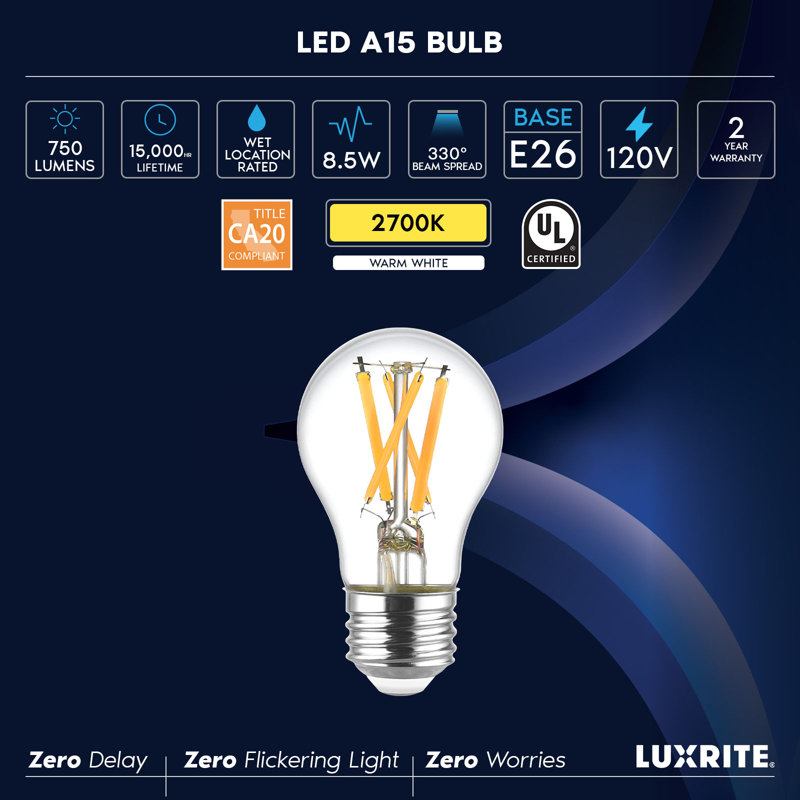 Ampoule DEL LUXRITE A15 Edison, 8,5 W = 60 W, à intensité variable, blanc chaud 2700 K, homologué pour luminaire fermé, 750LM, CRI90, E26, conforme au titre 20, homologué UL, paquet de 24