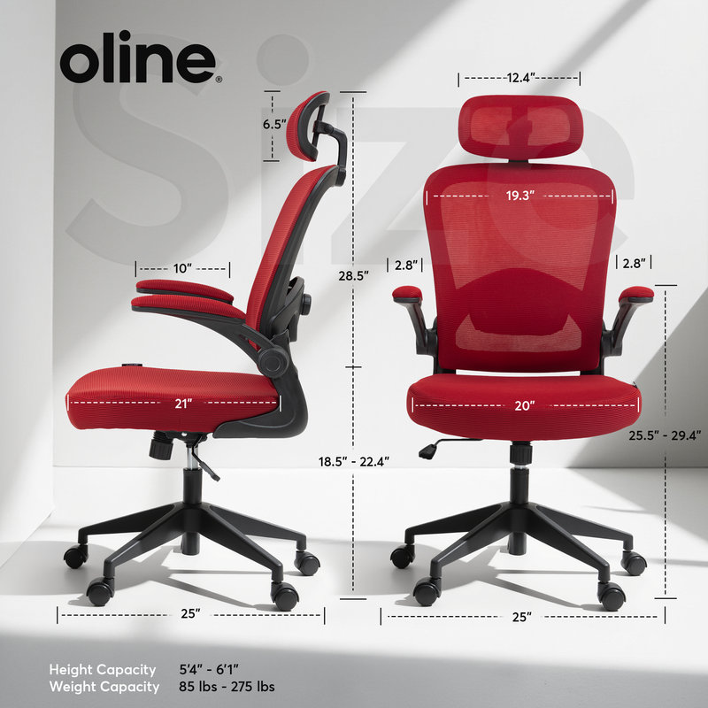 Oline ErgoAir Ergonomic Office Chair – Adjustable Lumbar Support, Flip-Up Armrests, Mesh Computer Desk Chair, Swivel Rolling Executive Gaming Chair for Home & Office