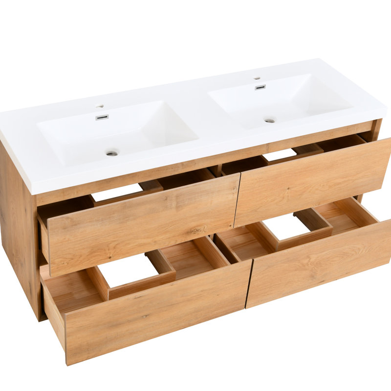 Meuble-lavabo mural flottant de 60 po avec lavabo et tiroirs en résine, conception élégante pour un grand rangement, protection silencieuse et chaleureuse, meuble-lavabo moderne en bois massif, pouces, fermeture