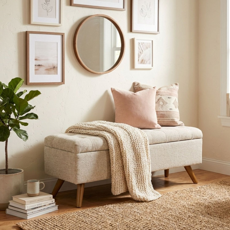 Ataru Upholstered Flip Top Storage Bench, Textured Cream