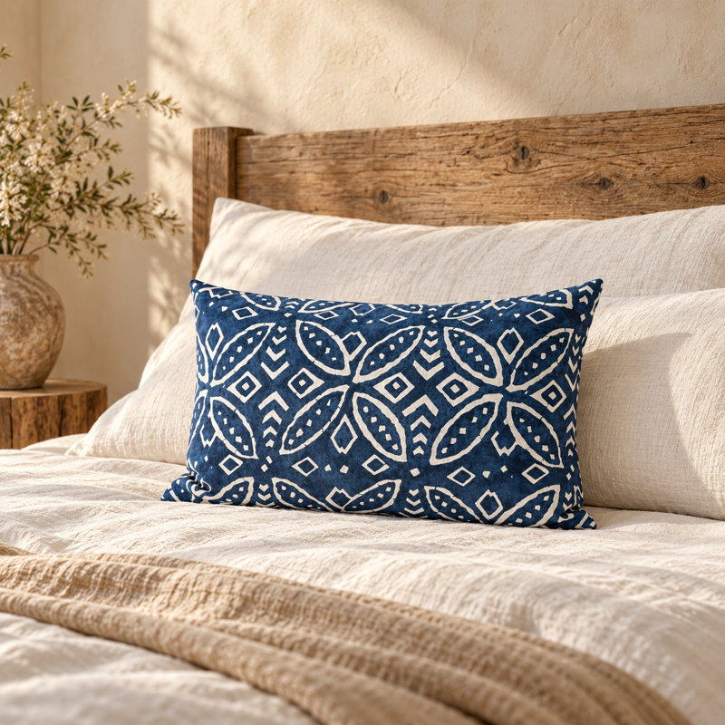 Batik extérieur indigo tropical, Rectangle H 12 po x l 18 po, Housse de coussin avec insert