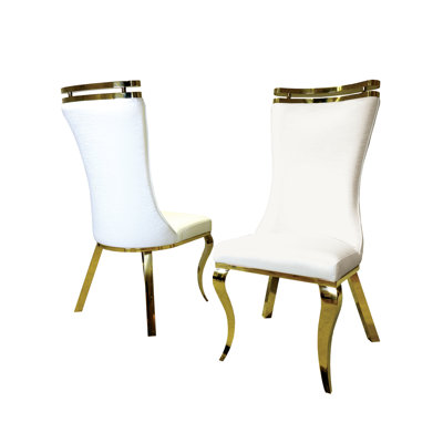 White Finish 2Pc Side Chair Gold Legs Tiger Printed Upholstered Seat Dining Room