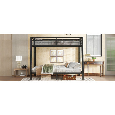 Lit superposé double au-dessus de grand lit en métal noir pour adultes, structure, rangement, conception avec pieds épais