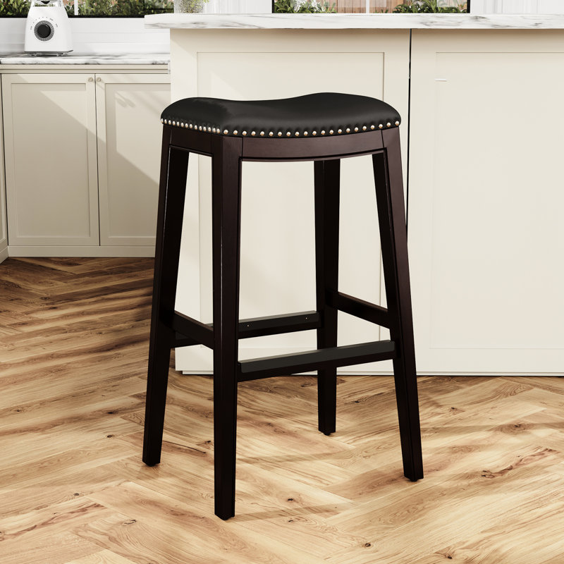Tabouret de bar de 30 po avec assise en cuir de cerisier et en os, de conception confortable et chic, Cerisier, Beige