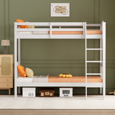 Twin Over Twin Solid Wood Bunk Bed, Twin Bunk Beds For Kids And Adults With Full Length Guardrails, No Box Spring Required