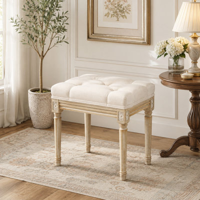 Tabouret de coiffeuse beige avec siège en tissu touffeté, petit banc rétro pour salle de maquillage, salle à manger ou piano, pieds en bois rustique, assemblage facile