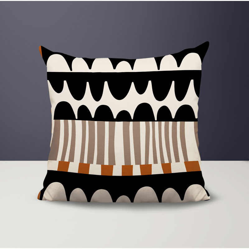 Coussin carré intérieur / extérieur Rami, H 17 po x l 17 po, Orange brûlé / noir / blanc cassé abstrait