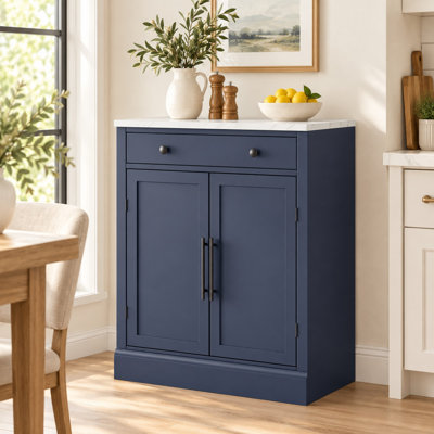 Coffee Bar Cabinet with Faux Marble Top, Drawer and Adjustable Shelves