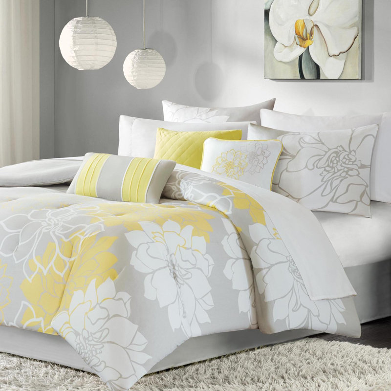 Ensemble d'édredon en satin de coton imprimé gris taupe / jaune, Grand édredon et 6 pièces supplémentaires, Jaune/gris
