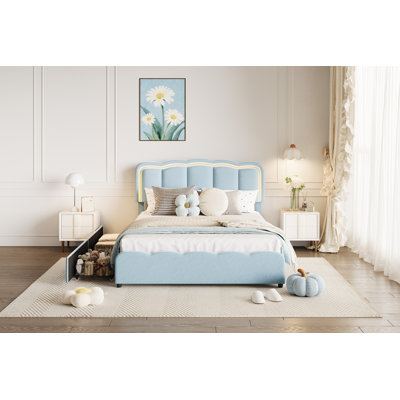 Lit plateforme double en velours pour enfants avec tête de lit réglable, lumières à DEL RVB et 2 tiroirs de rangement sous le lit, sommier à lattes en bois silencieux, aucun sommier nécessaire, bleu