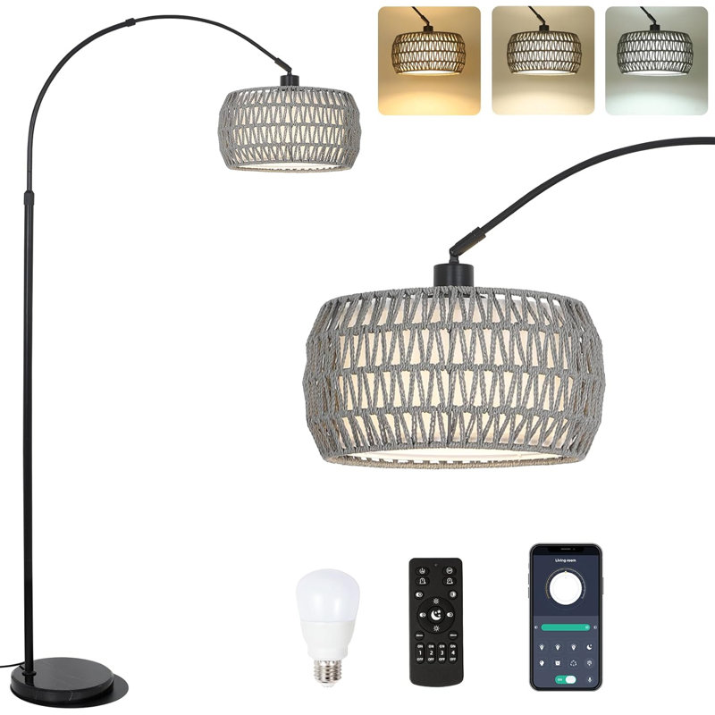 Boho Floor Lamp With Remote & Adjustable Rattan Shades - 3 Color Temperatures, Height Adjustable For Living Room, Bedroom & Office