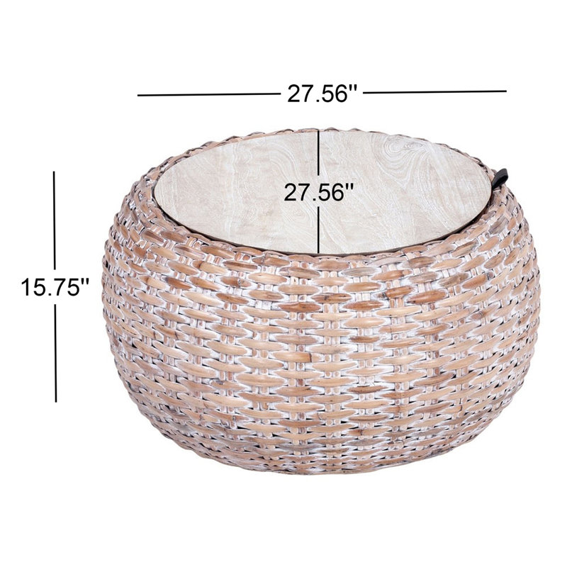Natural White Wash Wood and Rattan Round Coffee Table