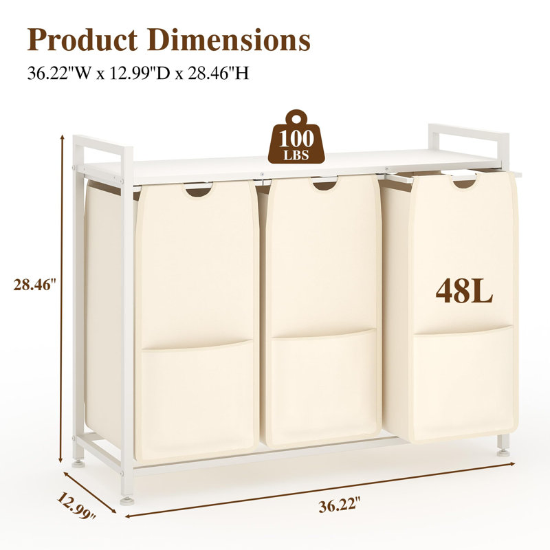 Panier à linge à trois compartiments avec tablette, trieur de cadre en métal 36,6 po x 13 po x 28,5 po, 3 sacs coulissants de 48 L, surface supérieure de 100 lb, blanc autoportant