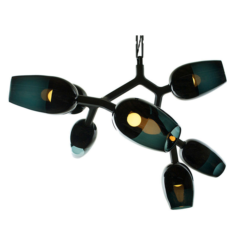 Lustre modulaire en bois clair Cleidy, Bronze, H 40 po x l 56 po x P 42 po, Bleu foncé