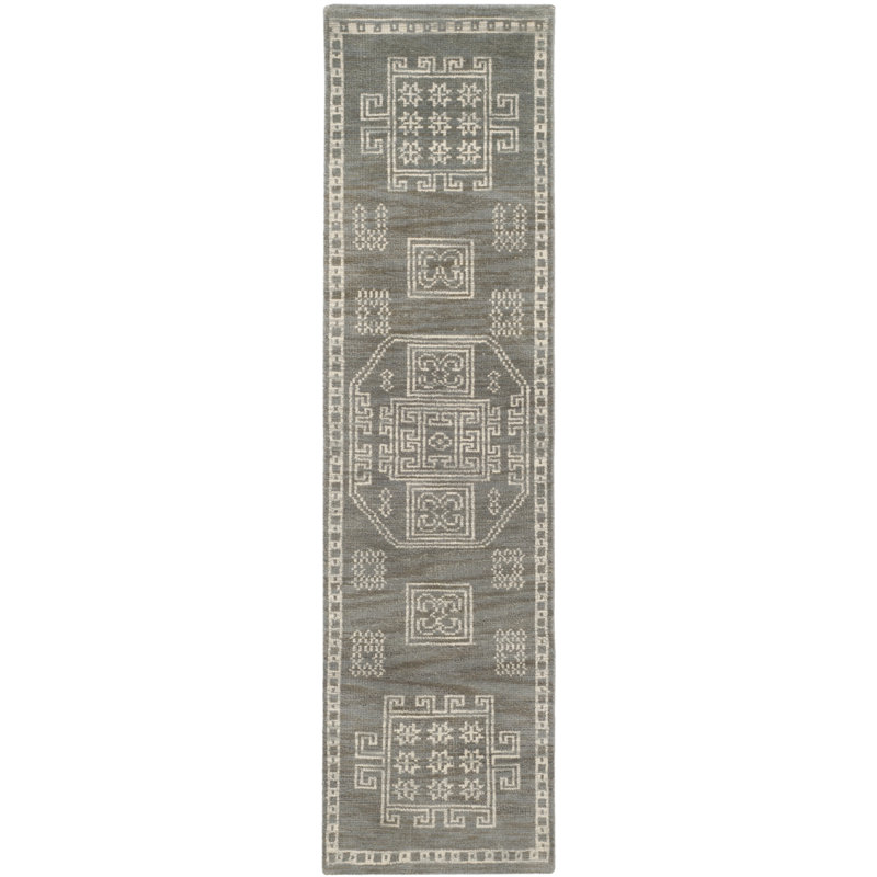 Tapis gris en laine / coton noué à la main Alimatou, Tapis de couloir 2 pi 3 po x 8 pi