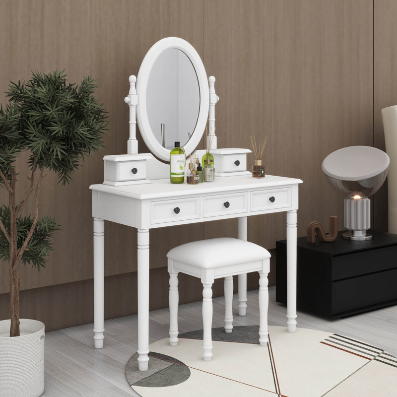 Ensemble de coiffeuse avec miroir à angle réglable, ensemble de coiffeuse et tabouret rembourré avec 5 tiroirs, Blanc