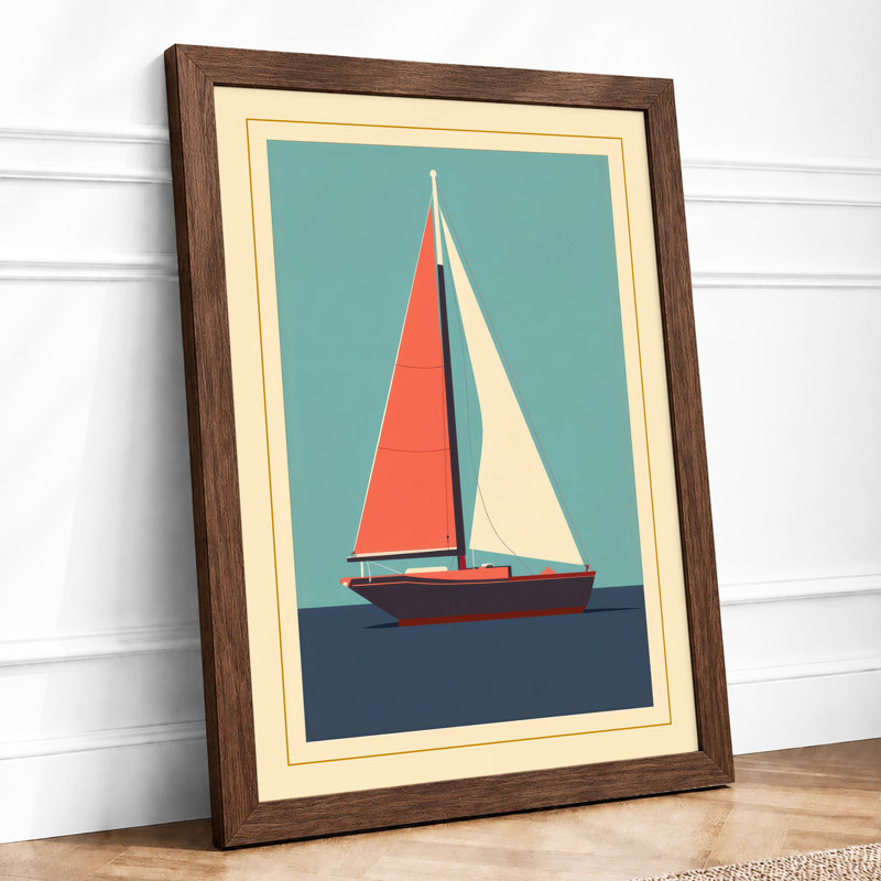 Sailboat at Calm Waters Coastal - Framed Print, A4 - 29.7 x 21.0 cm, Walnut
