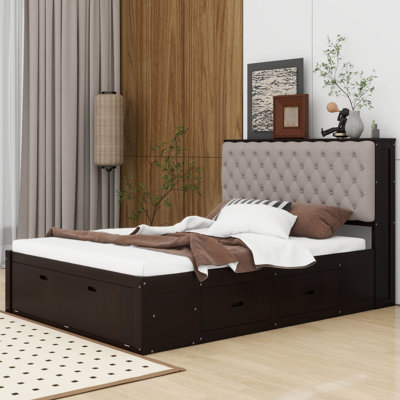 Lit plateforme grand en bois avec tête de lit, étagère à chaussures et 4 tiroirs Revollo