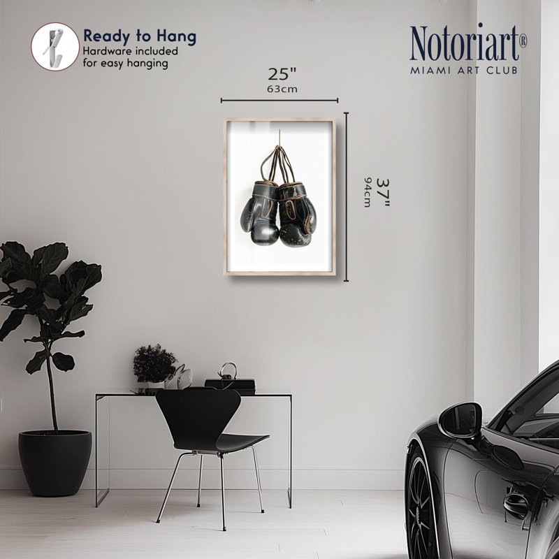 Boxing Gloves Vintage Shadowbox Print Sports Framed Prints by Notoriart, Blonde Frame, 25 x 37, 37" H x 25" W, Cream