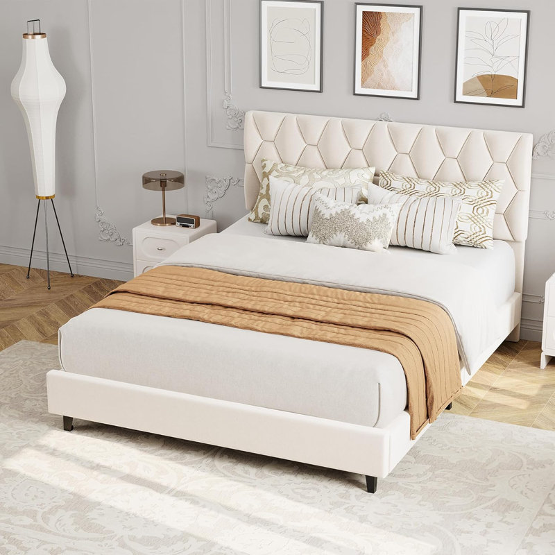 Structure de lit grand tapissier avec tête de lit, lattes de bois robustes, silencieuse, beige, Beige, Grand lit