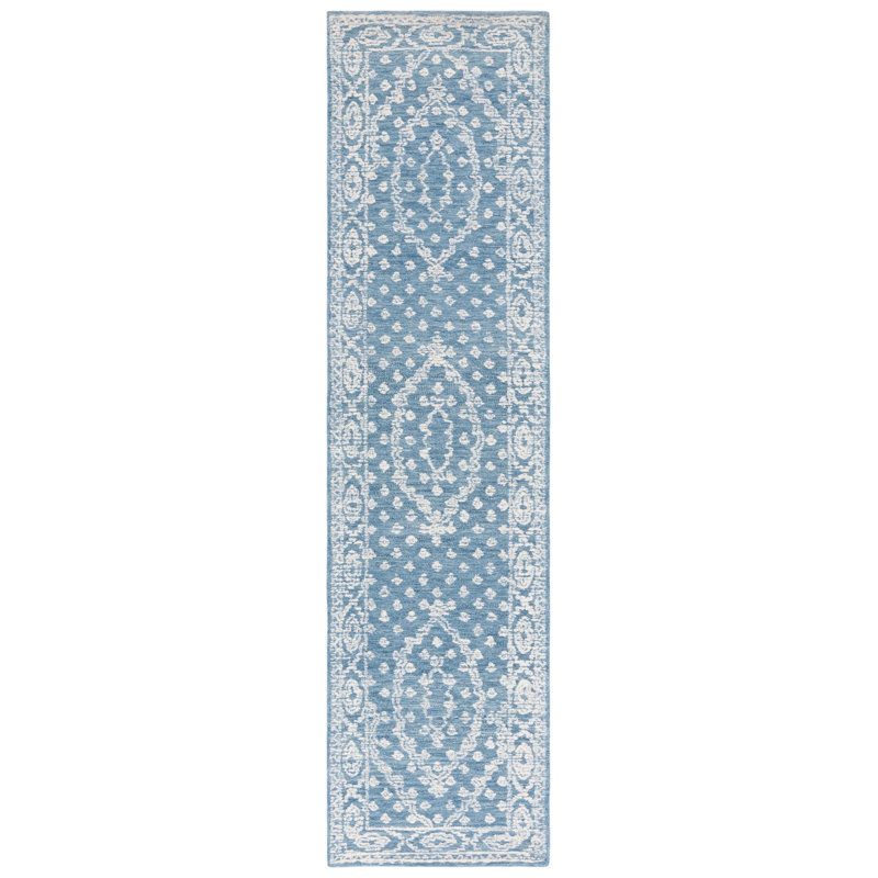 Resnel Ebony Hand Tufted Wool Cotton Oriental Rug in Ivory/Navy, Runner 2'3" x 9'