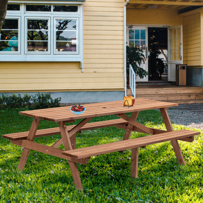 Table de pique-nique en bois brun pour 8 personnes, table de camping pour l'extérieur avec 2 sièges, jardin, bricolage avec 2 bancs intégrés, capacité de 2220 lb