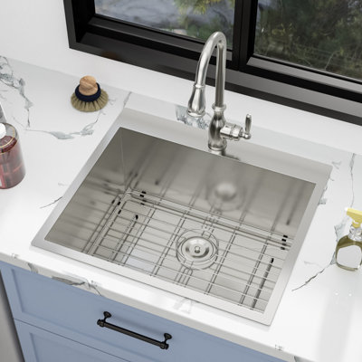 25'' L x 22'' W Drop-In Laundry Utility Sink 12" Deep 16 Guage Stainless Steel Kitchen Sink with Sink Grid and Basket Strainer