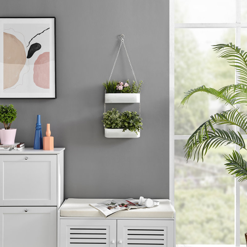 Pot à fleurs suspendu en métal blanc à deux niveaux